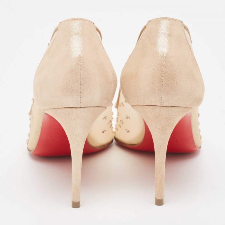 Pre Owned Christian Louboutin Beige Mesh and Suede Follies Strass Pumps Size 37