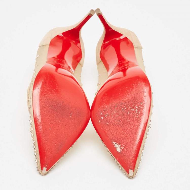 Pre Owned Christian Louboutin Beige Mesh and Suede Follies Strass Pumps Size 37