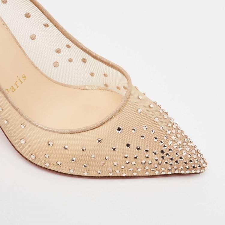 Pre Owned Christian Louboutin Beige Mesh and Suede Follies Strass Pumps Size 37