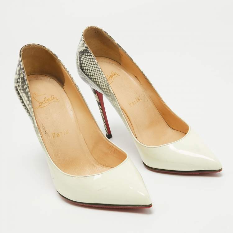 Pre Owned Christian Louboutin Off White/Python Prints Patent Leather Pigalle Follies Pumps Size 37.5