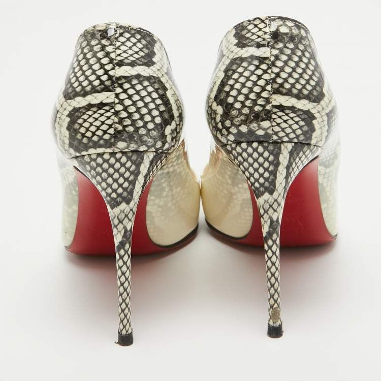 Pre Owned Christian Louboutin Off White/Python Prints Patent Leather Pigalle Follies Pumps Size 37.5