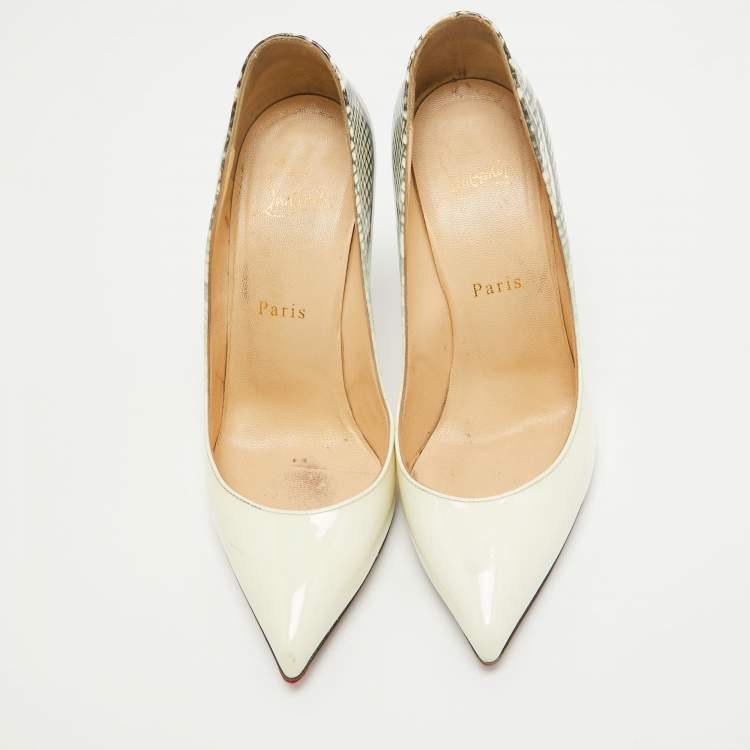 Pre Owned Christian Louboutin Off White/Python Prints Patent Leather Pigalle Follies Pumps Size 37.5