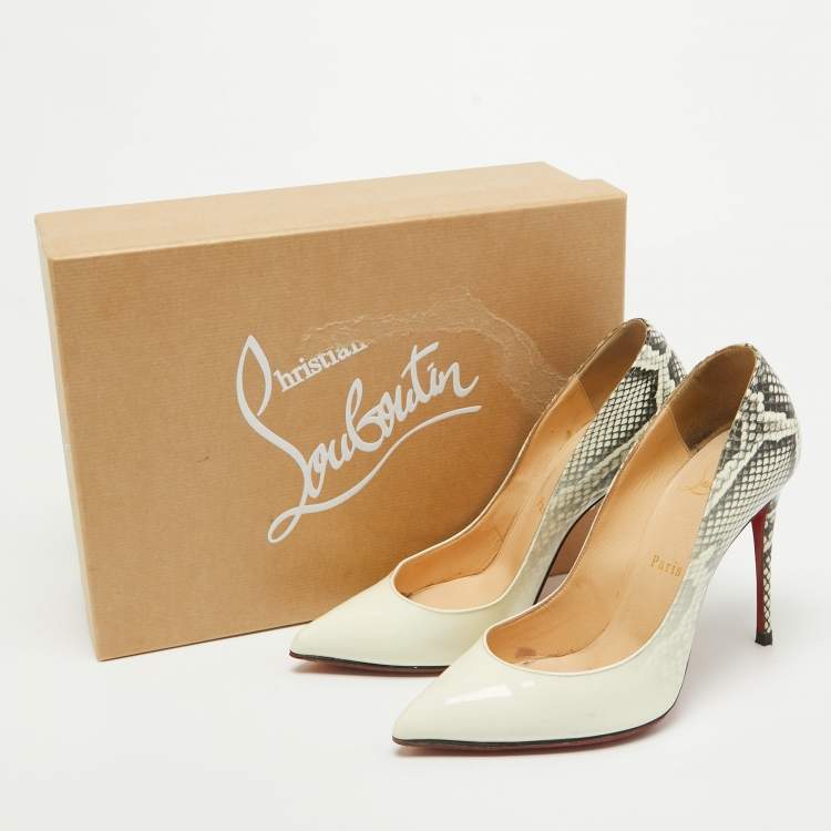 Pre Owned Christian Louboutin Off White/Python Prints Patent Leather Pigalle Follies Pumps Size 37.5
