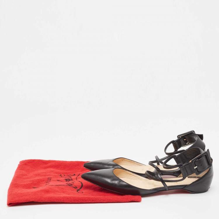 Pre Owned Christian Louboutin Black Leather Suzanna Ankle Strap Flats Size 37.5