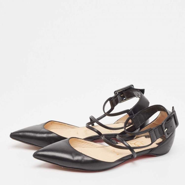 Pre Owned Christian Louboutin Black Leather Suzanna Ankle Strap Flats Size 37.5