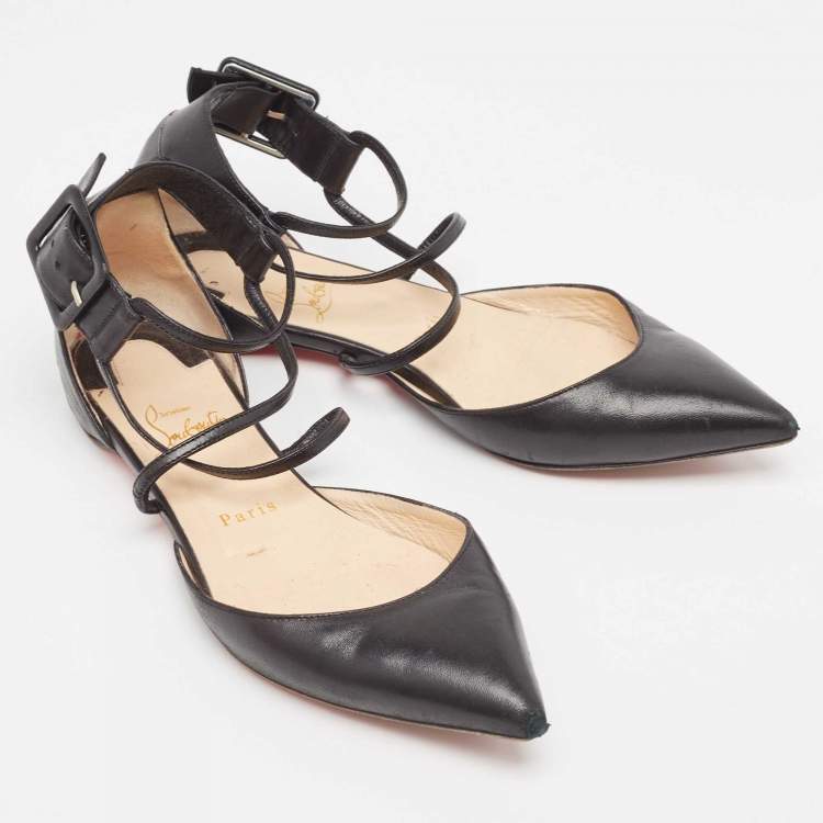 Pre Owned Christian Louboutin Black Leather Suzanna Ankle Strap Flats Size 37.5