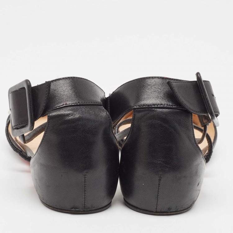 Pre Owned Christian Louboutin Black Leather Suzanna Ankle Strap Flats Size 37.5