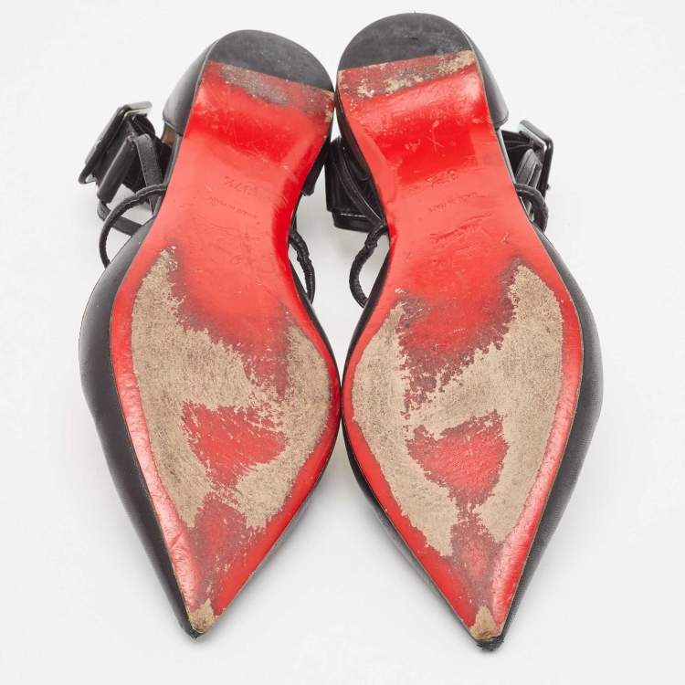Pre Owned Christian Louboutin Black Leather Suzanna Ankle Strap Flats Size 37.5