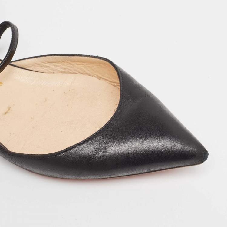 Pre Owned Christian Louboutin Black Leather Suzanna Ankle Strap Flats Size 37.5