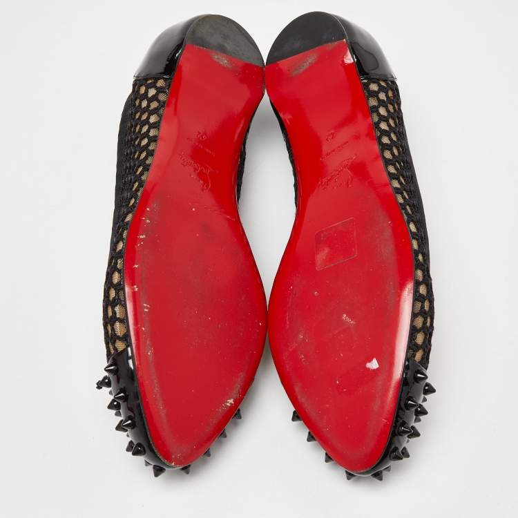 Pre Owned Christian Louboutin Black Patent Leather Cord Mix Spike Cap Toe Ballet Flats Size 42