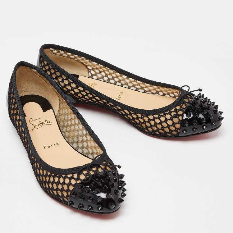 Pre Owned Christian Louboutin Black Patent Leather Cord Mix Spike Cap Toe Ballet Flats Size 42