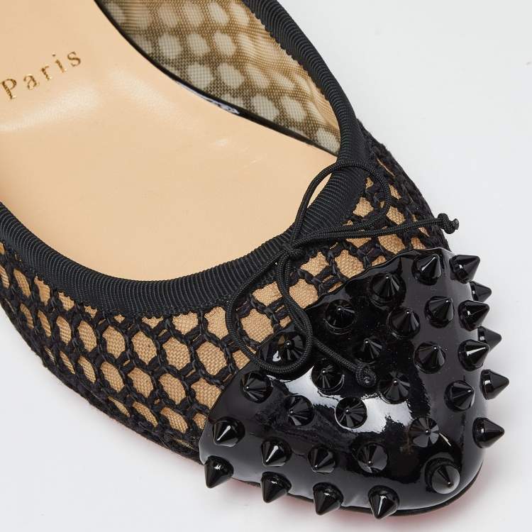Pre Owned Christian Louboutin Black Patent Leather Cord Mix Spike Cap Toe Ballet Flats Size 42
