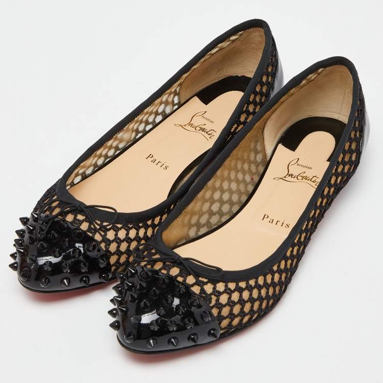 Pre Owned Christian Louboutin Black Patent Leather Cord Mix Spike Cap Toe Ballet Flats Size 42