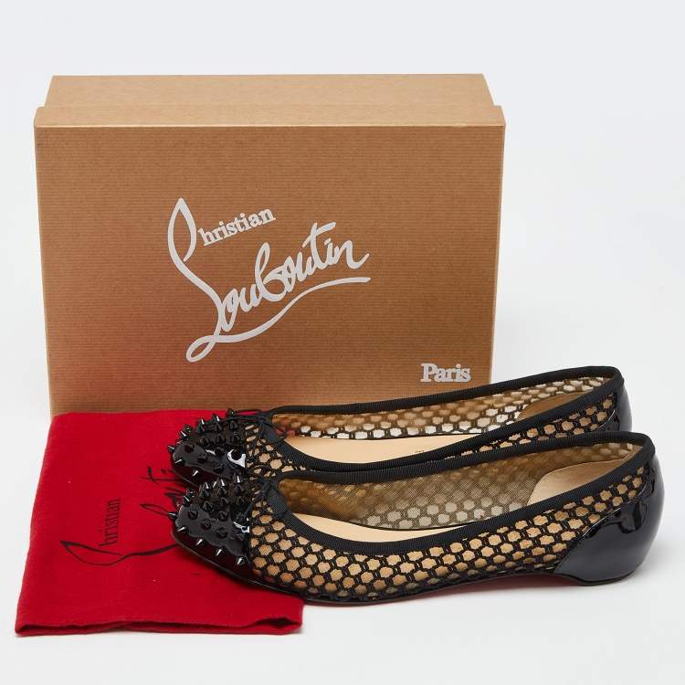 Pre Owned Christian Louboutin Black Patent Leather Cord Mix Spike Cap Toe Ballet Flats Size 42