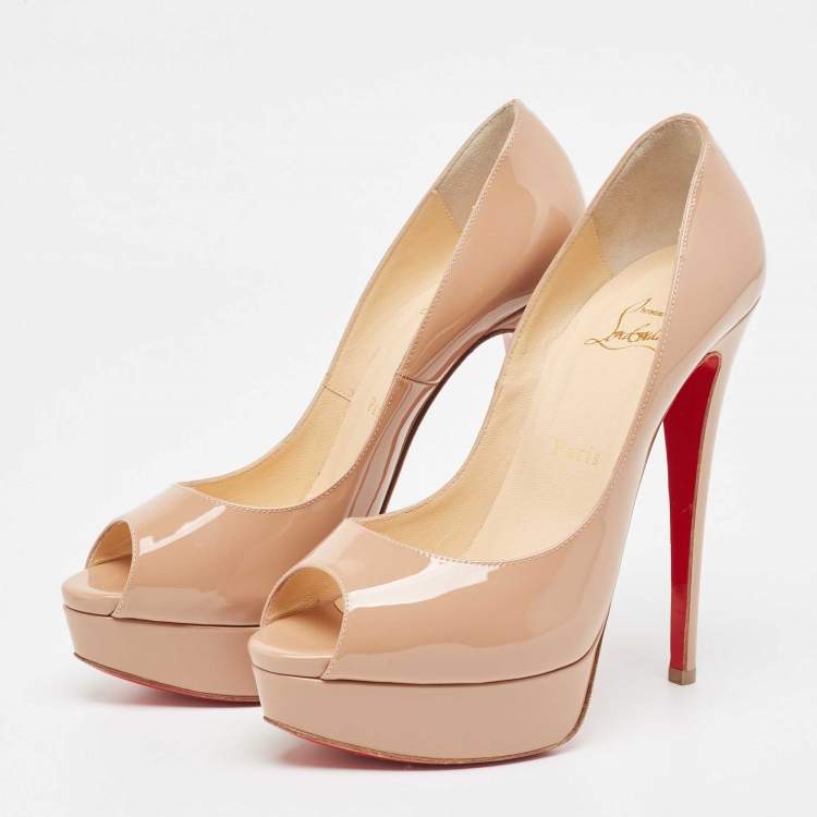 Pre Owned Christian Louboutin Beige Patent Leather Lady Peep Pumps Size 38.5