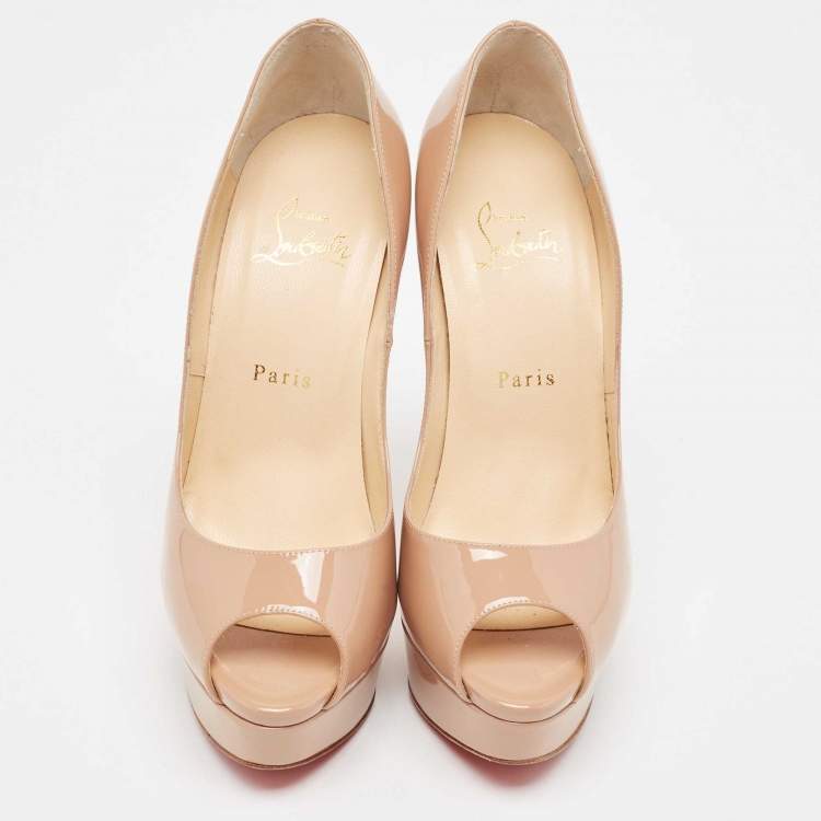 Pre Owned Christian Louboutin Beige Patent Leather Lady Peep Pumps Size 38.5