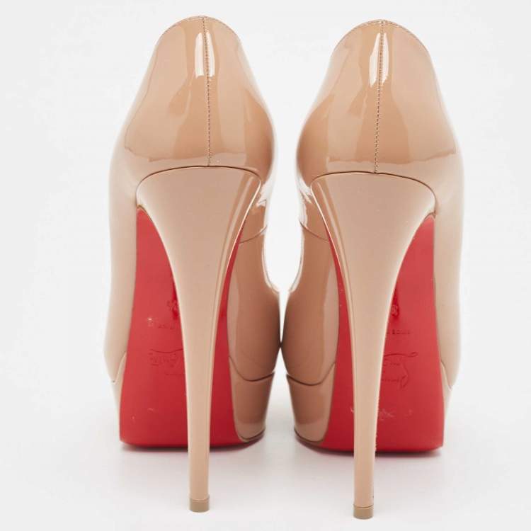 Pre Owned Christian Louboutin Beige Patent Leather Lady Peep Pumps Size 38.5