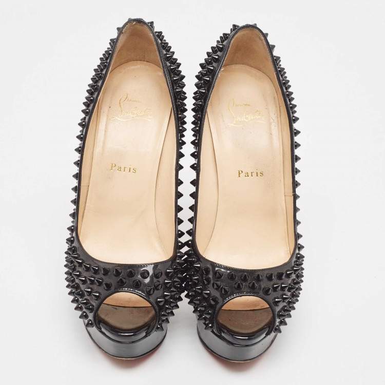 Pre Owned Christian Louboutin Black Patent Leather Lady Peep Spikes Pumps Size 39