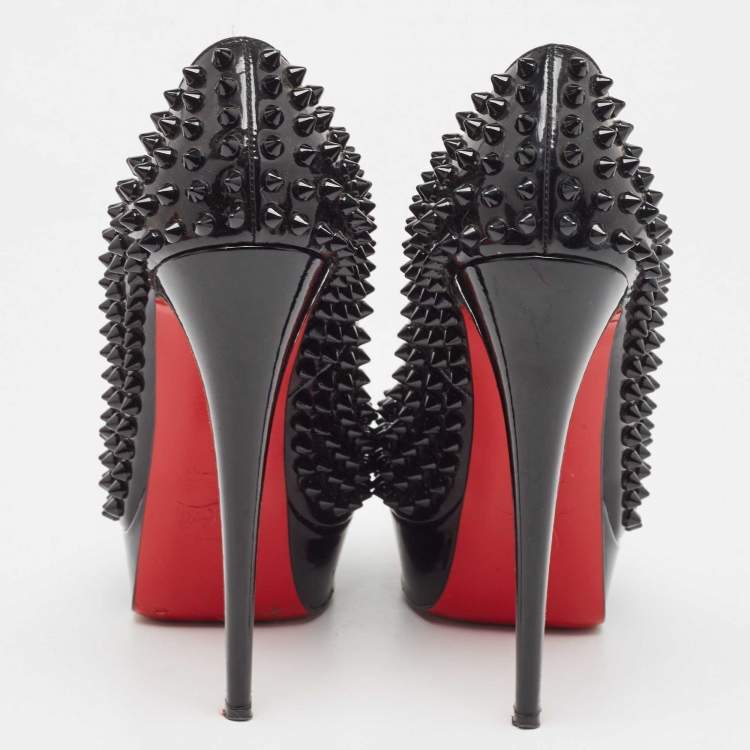 Pre Owned Christian Louboutin Black Patent Leather Lady Peep Spikes Pumps Size 39