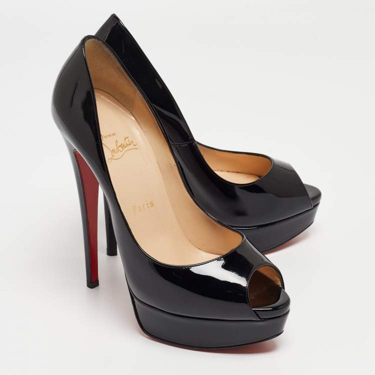 Pre Owned Christian Louboutin Black Patent Leather Lady Peep Pumps Size 38