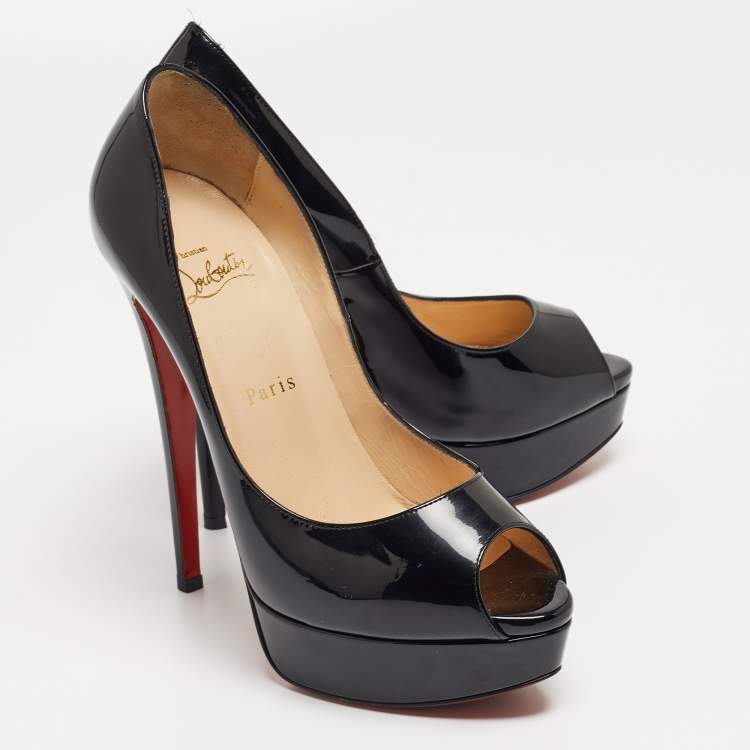Pre Owned Christian Louboutin Black Patent Leather Lady Peep Pumps Size 38