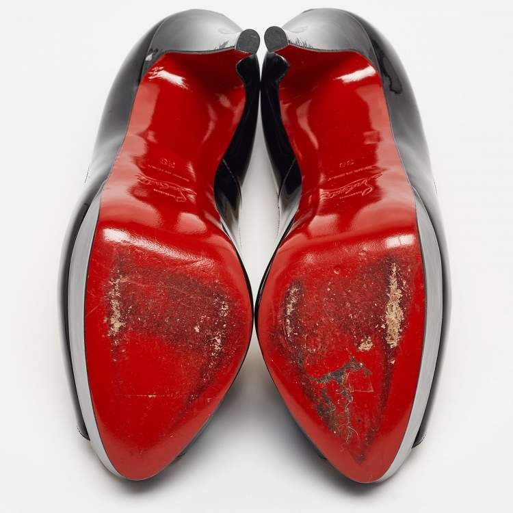 Pre Owned Christian Louboutin Black Patent Leather Lady Peep Pumps Size 38