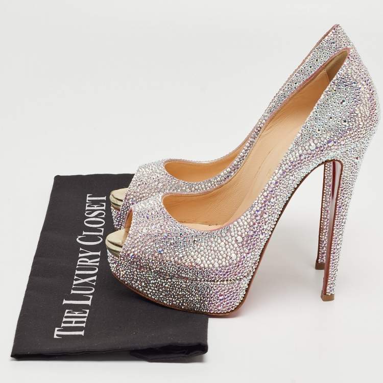 Pre Owned Christian Louboutin Silver Crystal Embellished Very Riche Pumps Size 38