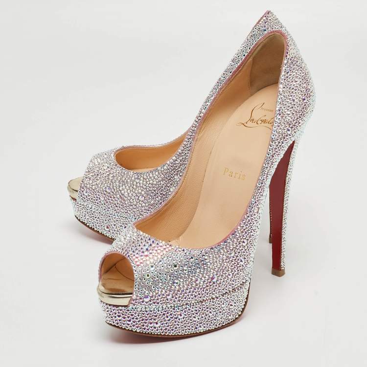 Pre Owned Christian Louboutin Silver Crystal Embellished Very Riche Pumps Size 38