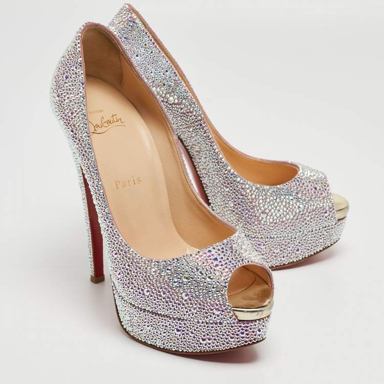 Pre Owned Christian Louboutin Silver Crystal Embellished Very Riche Pumps Size 38