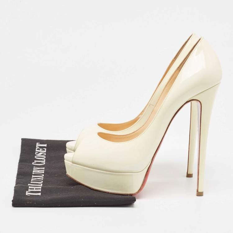 Pre Owned Christian Louboutin Cream Patent Leather Lady Peep Pumps Size 38