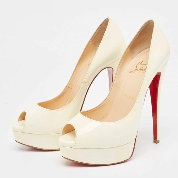 Pre Owned Christian Louboutin Cream Patent Leather Lady Peep Pumps Size 38