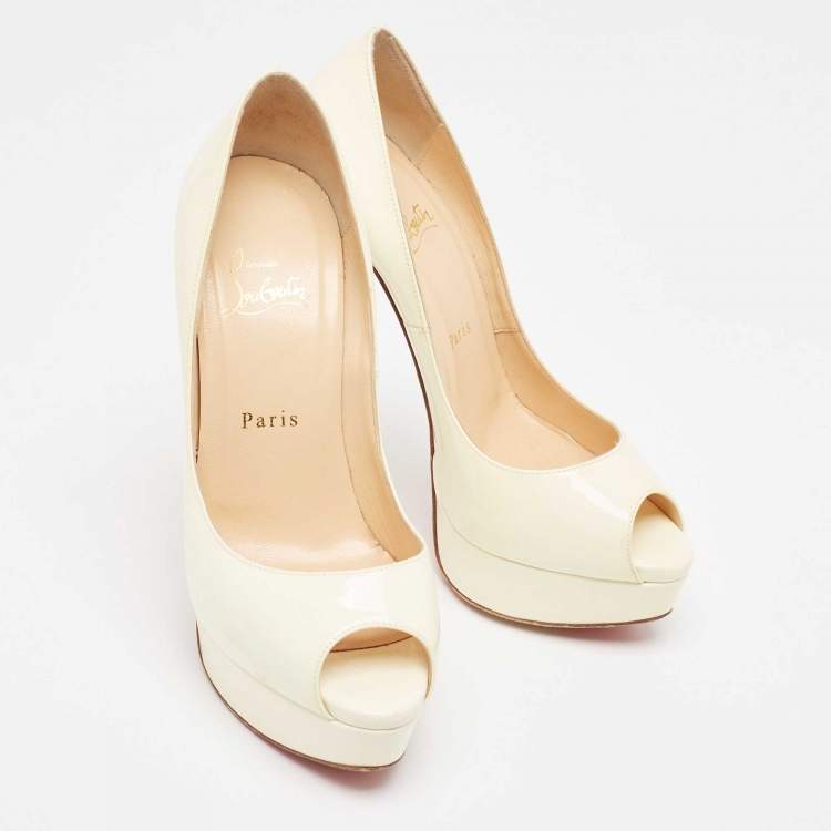Pre Owned Christian Louboutin Cream Patent Leather Lady Peep Pumps Size 38
