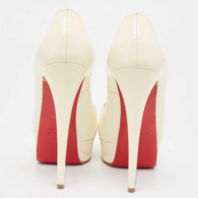 Pre Owned Christian Louboutin Cream Patent Leather Lady Peep Pumps Size 38