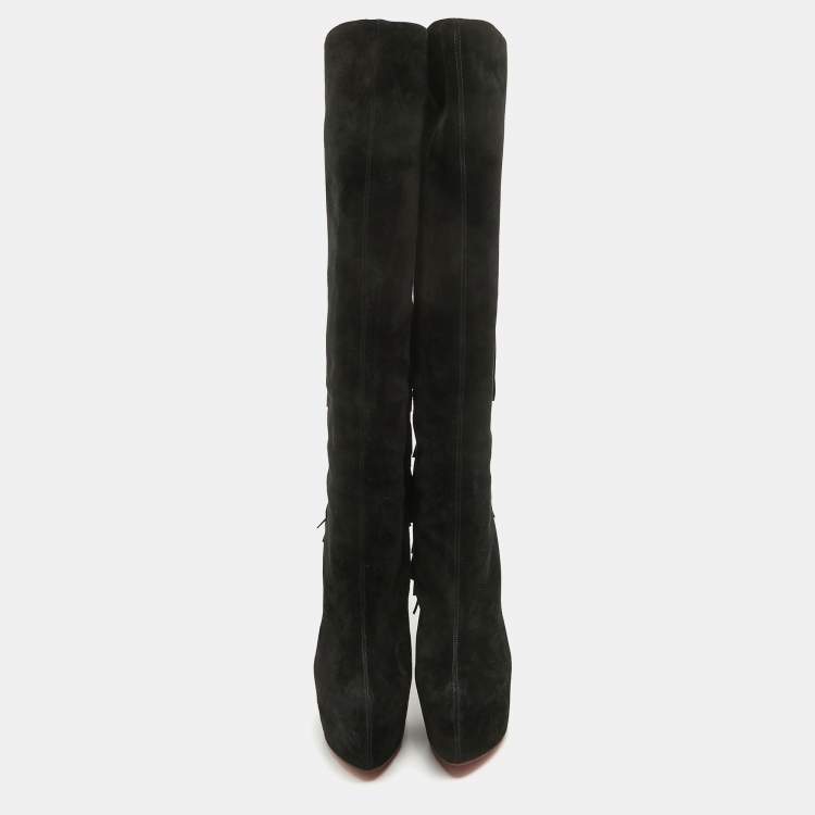 Pre Owned Christian Louboutin Black Suede Interlopa Knee Length Boots Size 37.5