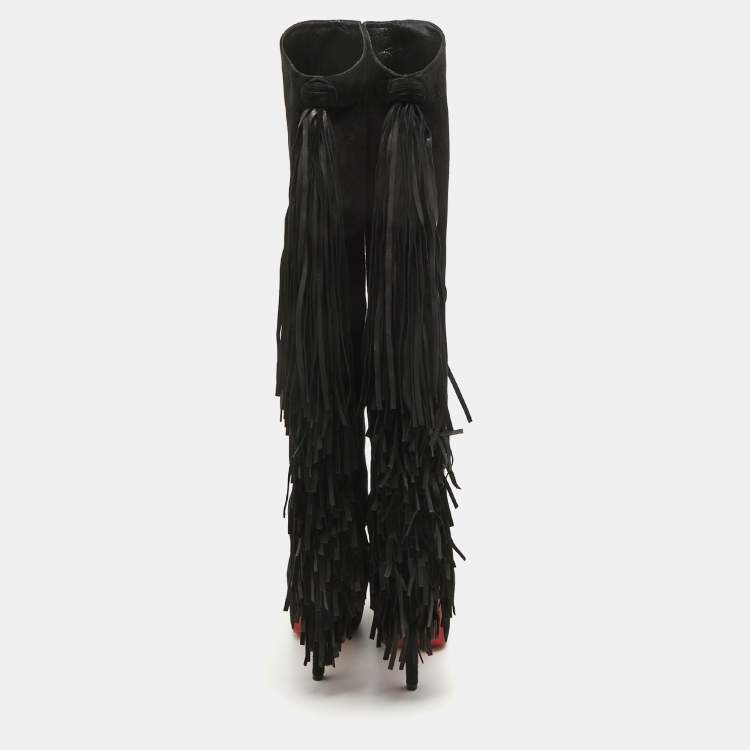 Pre Owned Christian Louboutin Black Suede Interlopa Knee Length Boots Size 37.5