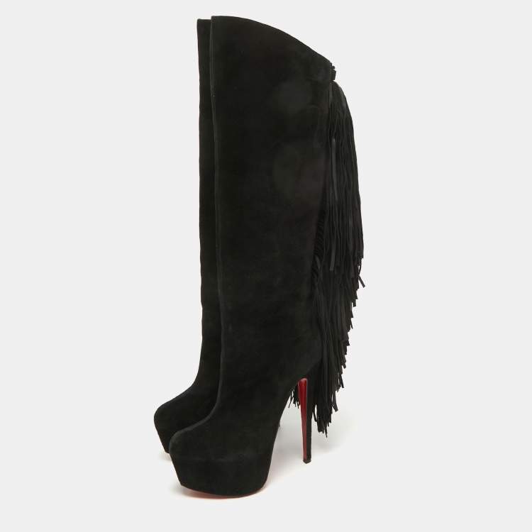 Pre Owned Christian Louboutin Black Suede Interlopa Knee Length Boots Size 37.5
