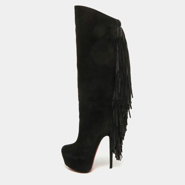 Pre Owned Christian Louboutin Black Suede Interlopa Knee Length Boots Size 37.5