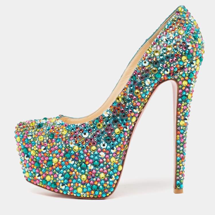 Pre Owned Christian Louboutin Multicolor Crystal Daffodile Platform Pumps Size 37