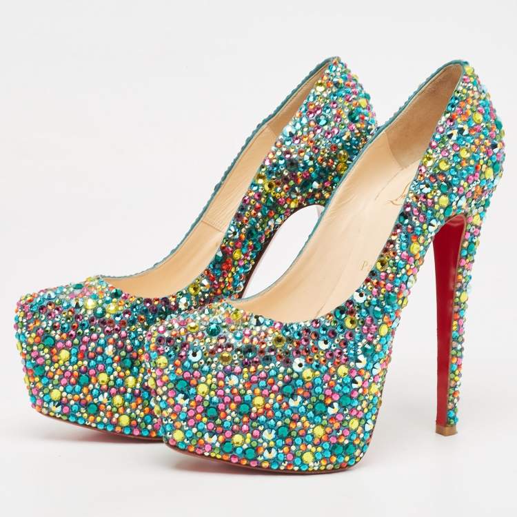 Pre Owned Christian Louboutin Multicolor Crystal Daffodile Platform Pumps Size 37