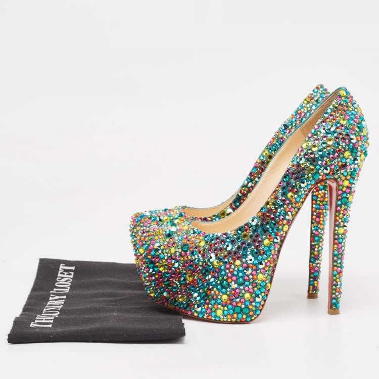 Pre Owned Christian Louboutin Multicolor Crystal Daffodile Platform Pumps Size 37