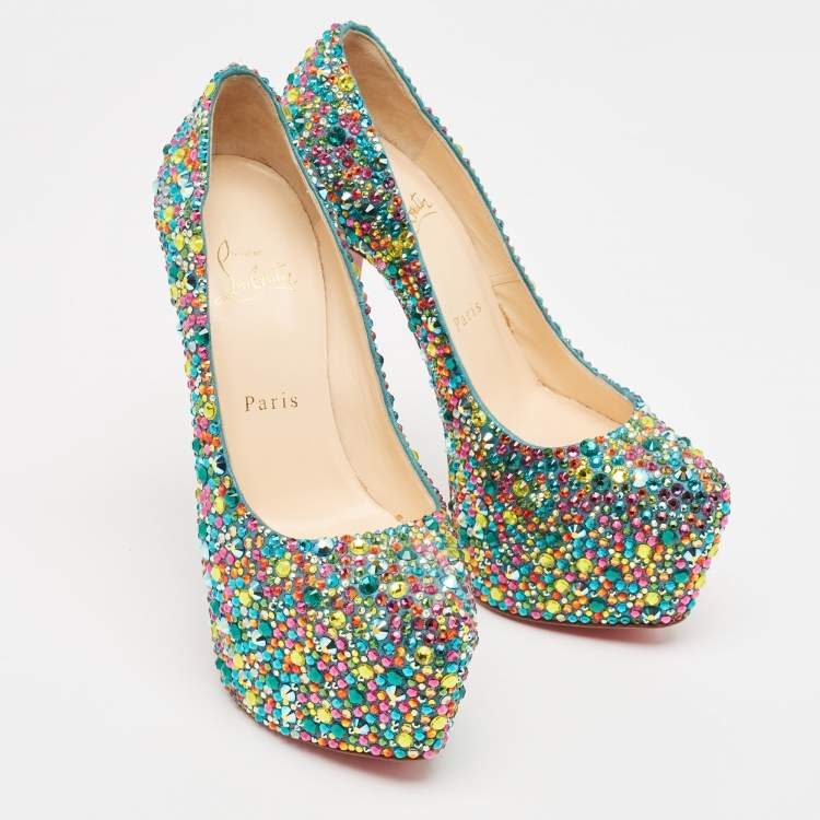 Pre Owned Christian Louboutin Multicolor Crystal Daffodile Platform Pumps Size 37