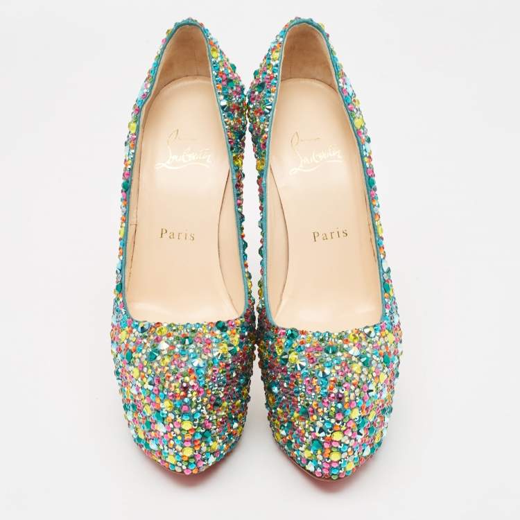 Pre Owned Christian Louboutin Multicolor Crystal Daffodile Platform Pumps Size 37
