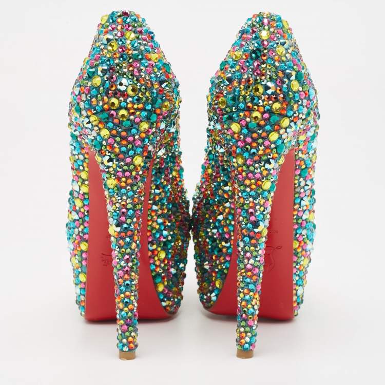 Pre Owned Christian Louboutin Multicolor Crystal Daffodile Platform Pumps Size 37