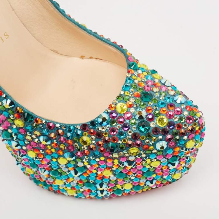 Pre Owned Christian Louboutin Multicolor Crystal Daffodile Platform Pumps Size 37