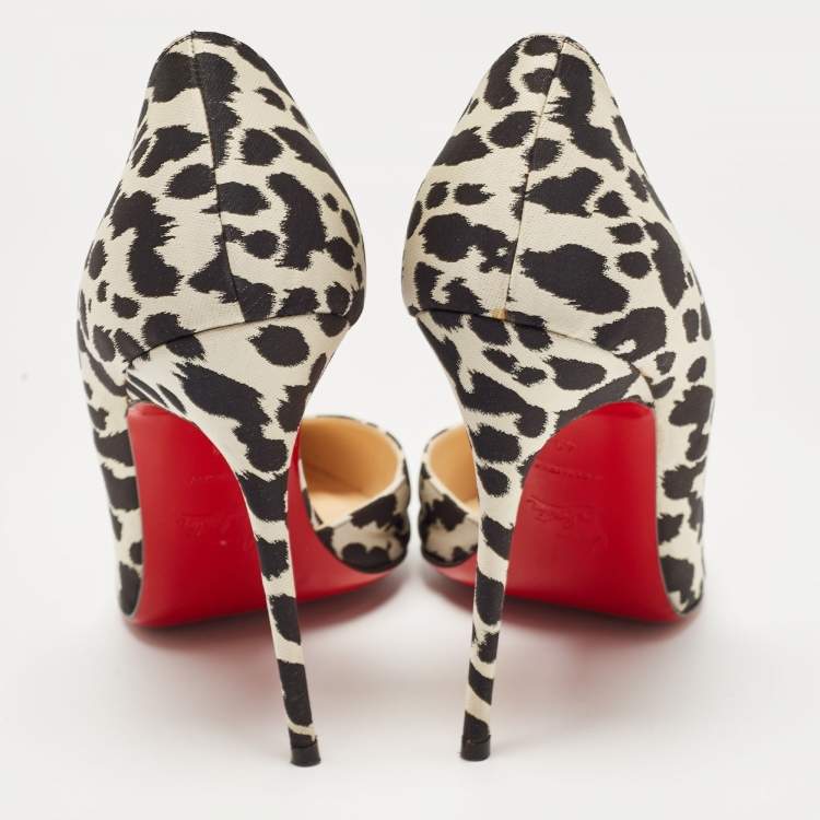 Pre Owned Christian Louboutin Black/White Leopard Print Fabric Iriza Pumps Size 41