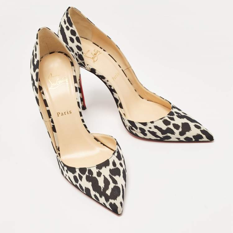 Pre Owned Christian Louboutin Black/White Leopard Print Fabric Iriza Pumps Size 41