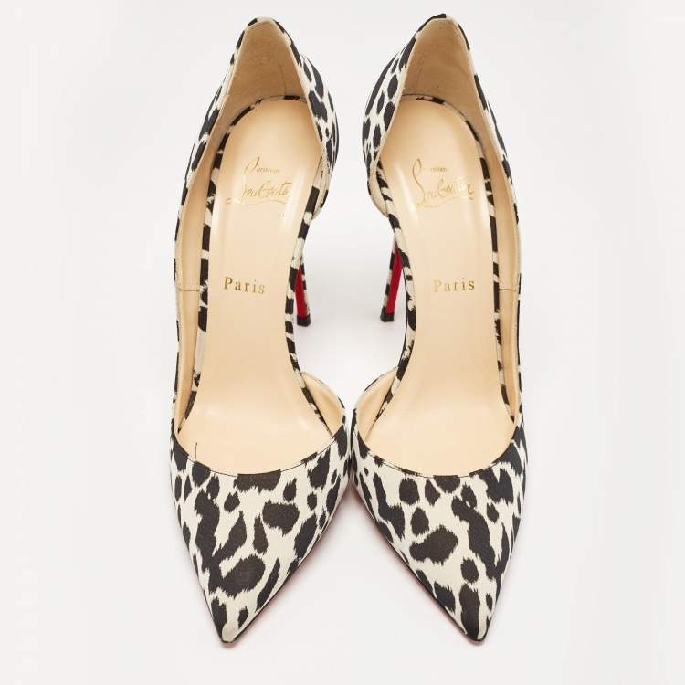 Pre Owned Christian Louboutin Black/White Leopard Print Fabric Iriza Pumps Size 41