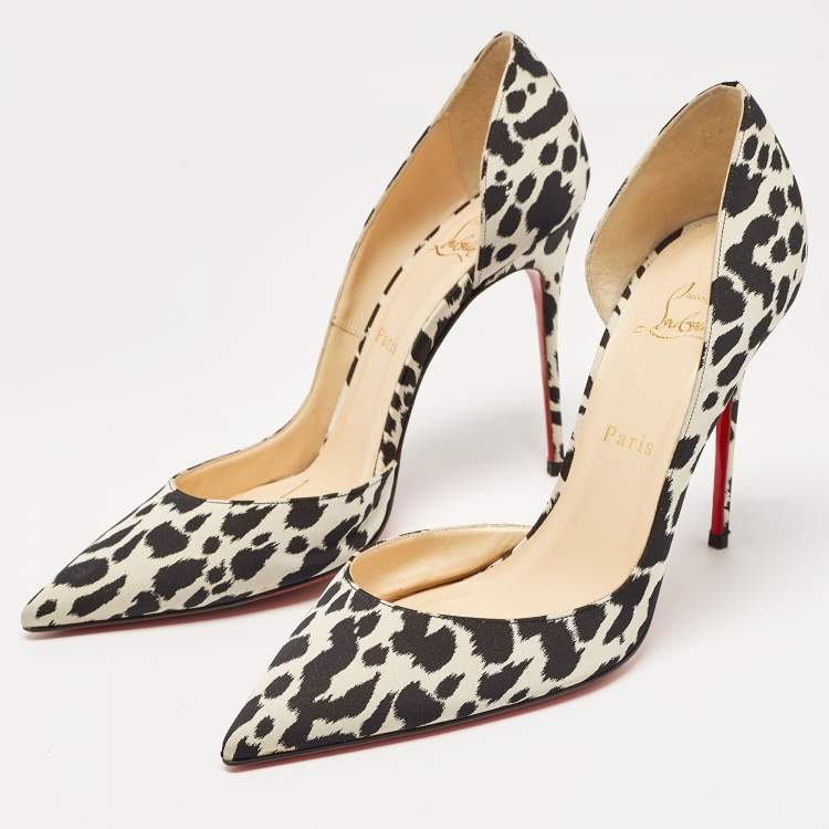 Pre Owned Christian Louboutin Black/White Leopard Print Fabric Iriza Pumps Size 41
