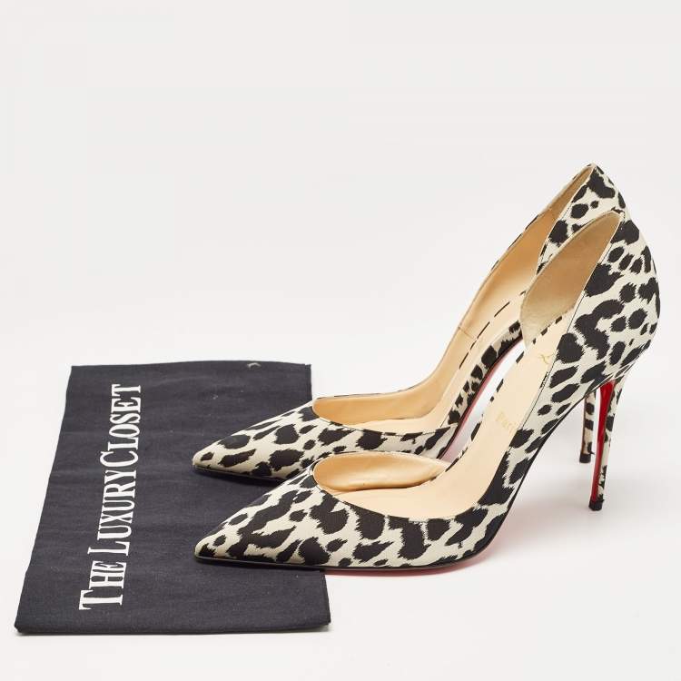 Pre Owned Christian Louboutin Black/White Leopard Print Fabric Iriza Pumps Size 41