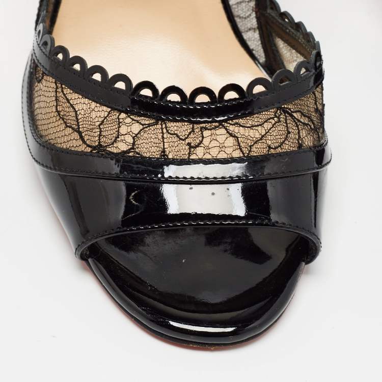 Pre Owned Christian Louboutin Black Lace and Patent Leather Hot Spring Butterfly Pumps Size 37.5